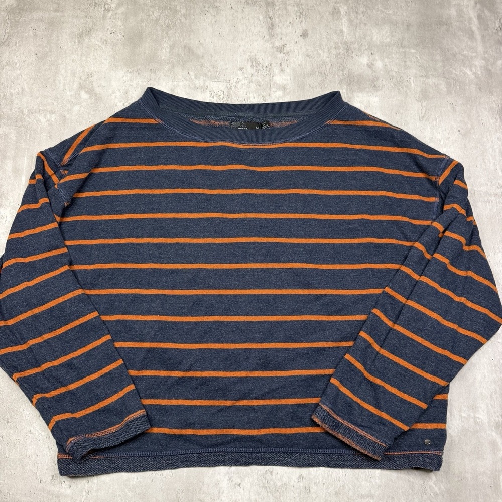 PrAna Pullover Top Womens Sz M Blue Orange Stripe Boat Neck Hemp Blend